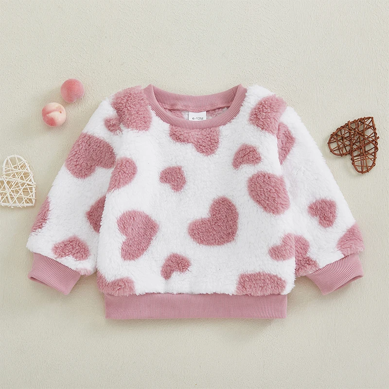 Baby Girl Plush Sweatshirt Cute Heart Pattern Long Sleeve Round Neck Valentine s Day Casual Tops