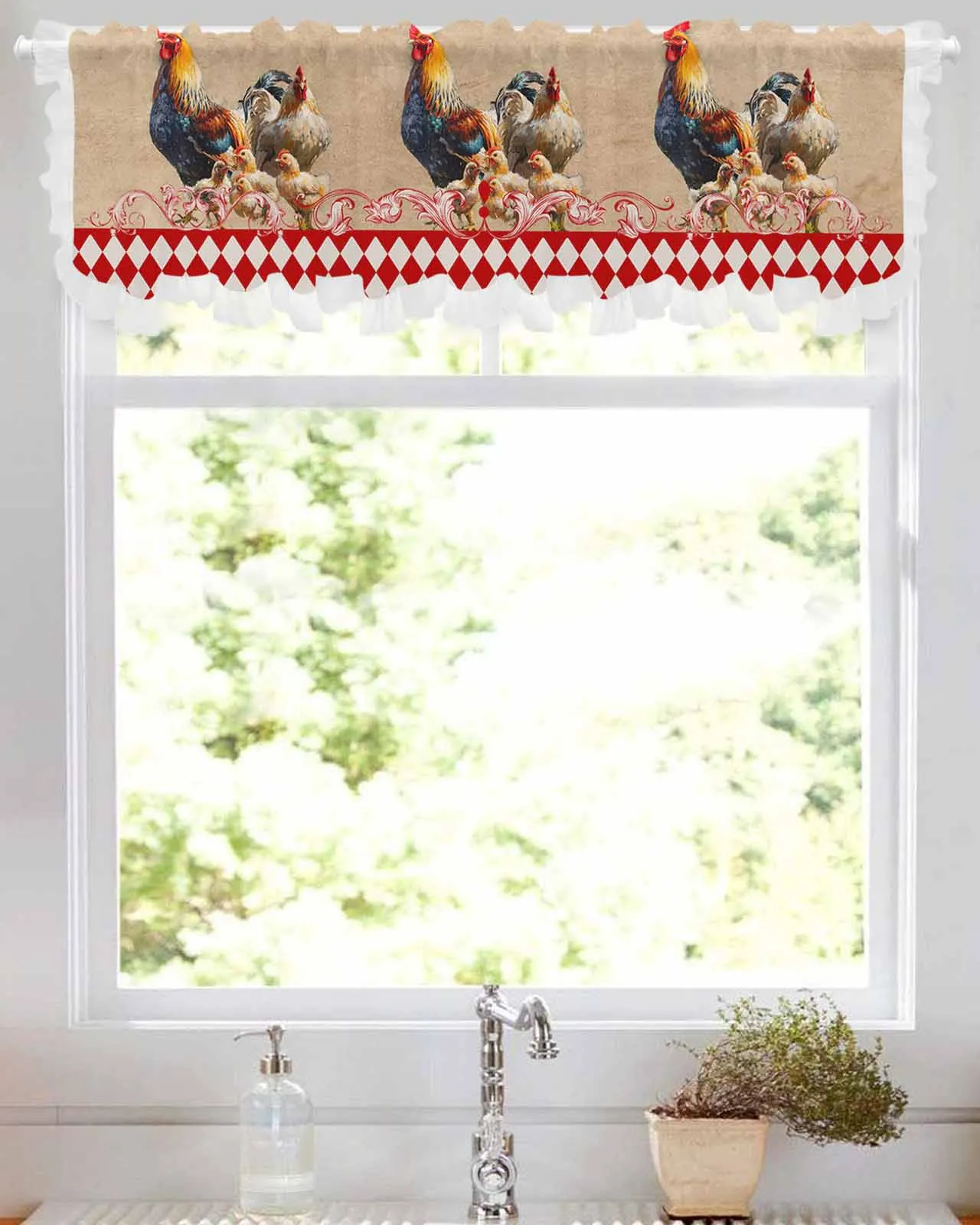 Retro Country Farm Rooster Hen Short Tulle Half Curtains for Living Room Kitchen Door Cafe Window Sheer Valance Drapes