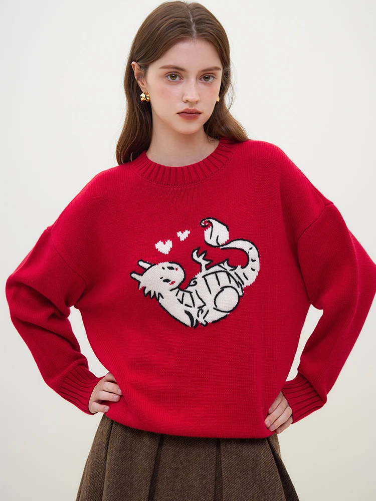 

FSLE Cartoon Dragon Embroidery Design Women Red Loose Sweaters 2023 Winter New Drop Sleeve Straight Female Pullovers