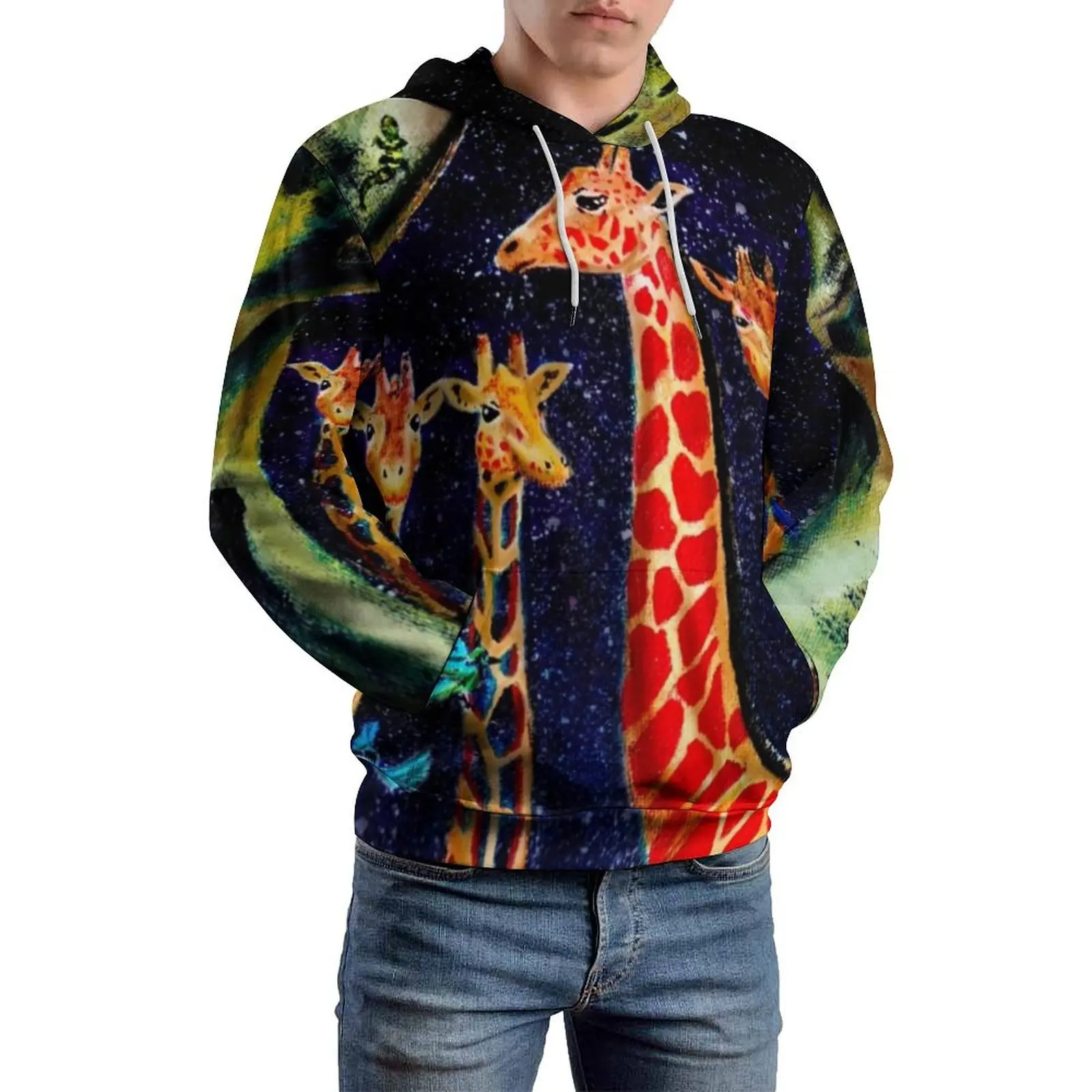 Cave Giraffe Print Loose Hoodies Tropical Animal Street Fashion Hoodie Men Long Sleeve Graphic Hooded Sweatshirts Plus Size 6XL