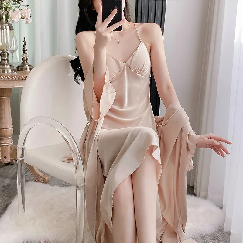 Womens Nightdress Sexy Long Lingerie Nightwear Bath Robe Gown Imitation Ice Silk Nightdress Solid Nightgown bridesmaid gift