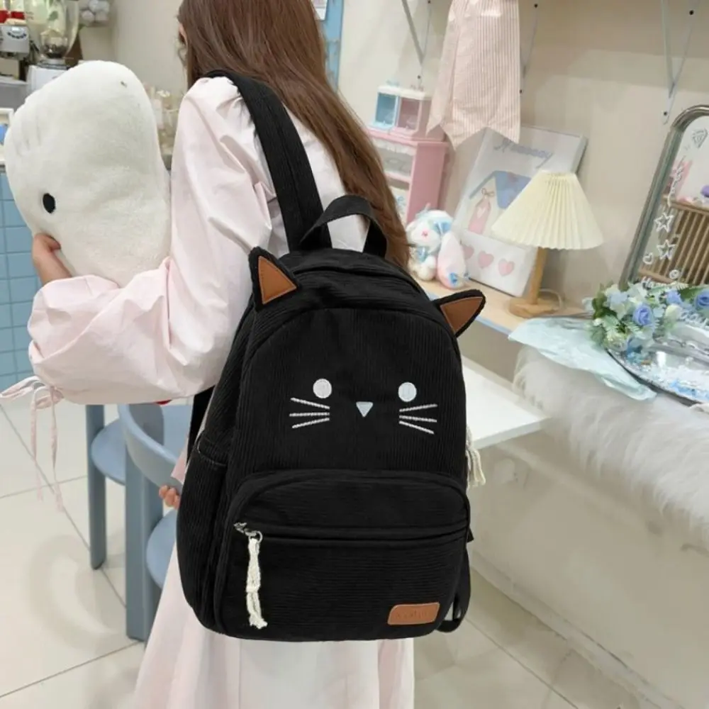 Y2k Sweet Cartoon Cat Backpack Minimalist Multicolored Corduroy Rucksack Durable Large Capacity Student School Bag Travel Use