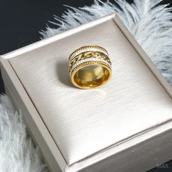 Trendy Stainless Steel Rings For Women Men Waterproof Finger Jewelry 2 Row Zircon Gold Color Twists Chain Rings