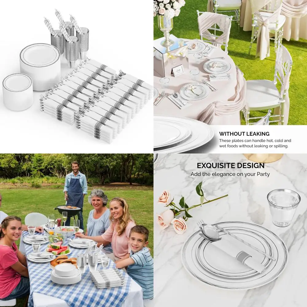 

Набор одноразовой посуды на 100 гостей: серебряные пластиковые тарелки, салфетки, серебро 925 пробы и десертные тарелки — элегантные и