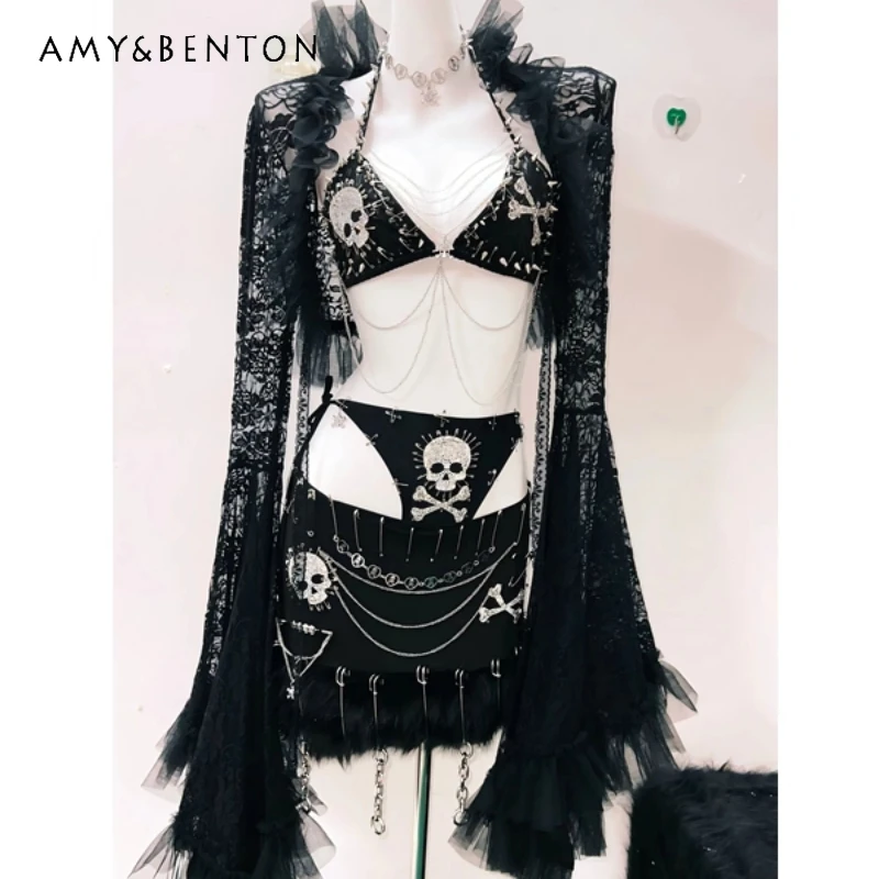 

Dark Gothic Women's Coat Black Lace Hollowed Out Heavy Industry Punk Hairy Edge Skirt Sweet Cool Sexy Short Skirts Suit Ladies
