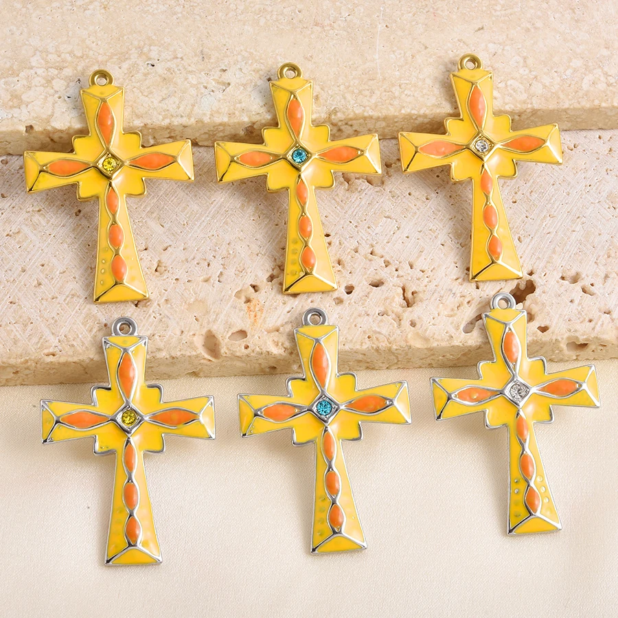 6pcs High Quality Stainless Steel Enamel Cross Pendant Colorful Rhinestone Rustproof Y2K Pendants DIY Necklace Earring Making