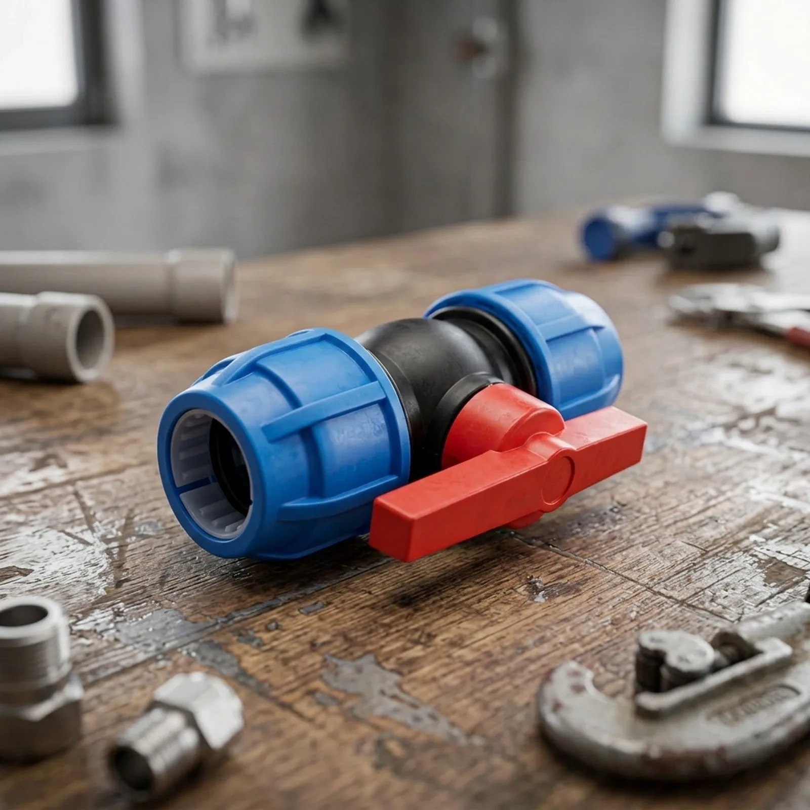 PE Material Quick Connect Valve for Hot Union Fittings Used in Water Flow Management Within Polyethylene Pipe Runs
