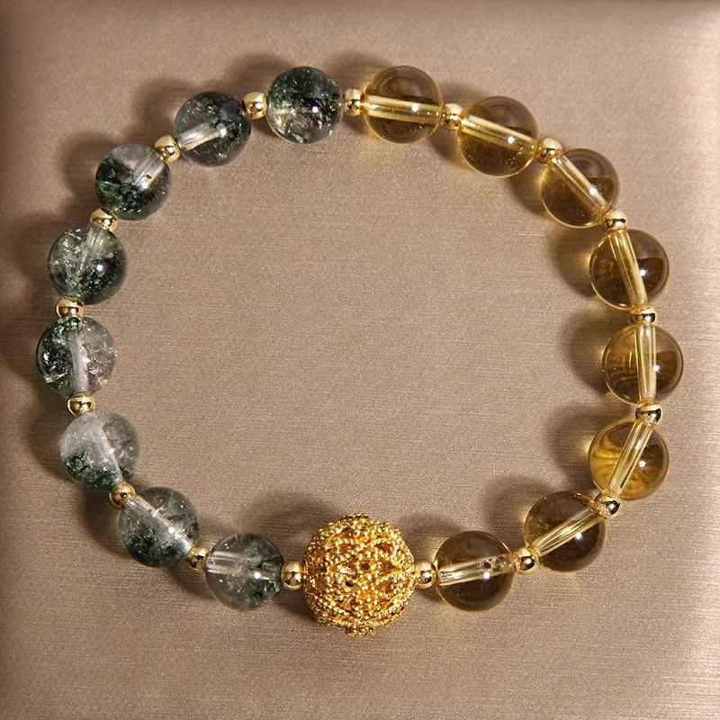 Natural Yellow Crystal Green Ghost Color Blocked Bracelet for Women's Round Beads Bangle Chain Jewelry Gifts