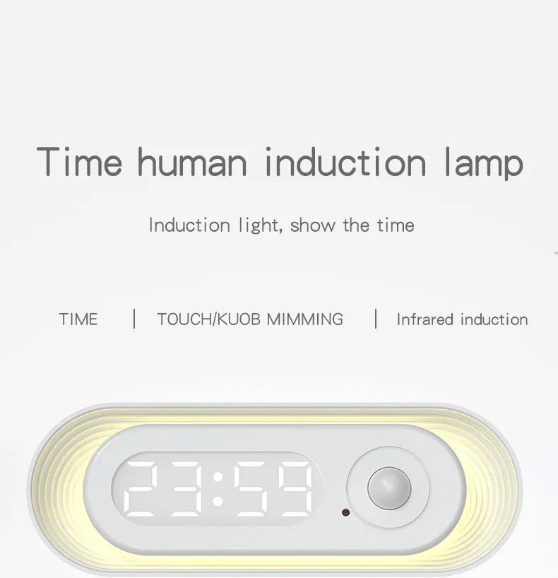 Luz nocturna con Sensor de movimiento y reloj Digital, lámpara nocturna recargable, soporte de pared magnético LED para escritorio, armario, escalera, baño