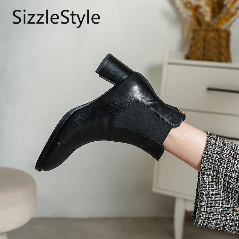 المرأة العصرية جلد طبيعي بسيط خياطة التباين خياطة سترتش كعب مكتنز أحذية الكاحل