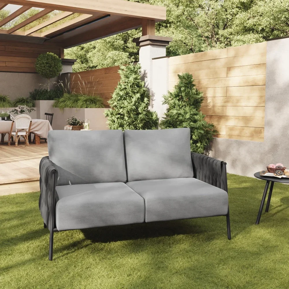 Patio Sofa 2 Seats Sofa with Thick Washable Cushions, Deep Seating for Garden, Porch, Balcony, Backyard Earth Black & Misty Grey