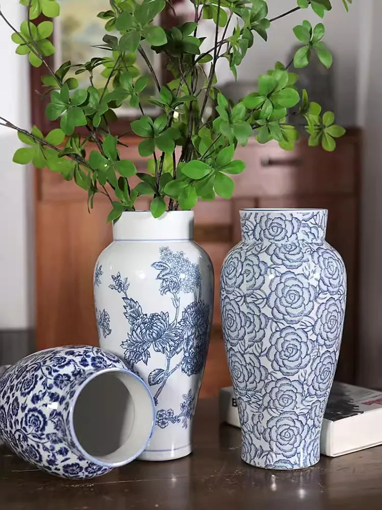 Jingdezhen Ceramic Blue and White Porcelain Retro Vase Creative Flower Arrangement New Chinese Advanced Flower Feeling Device Li