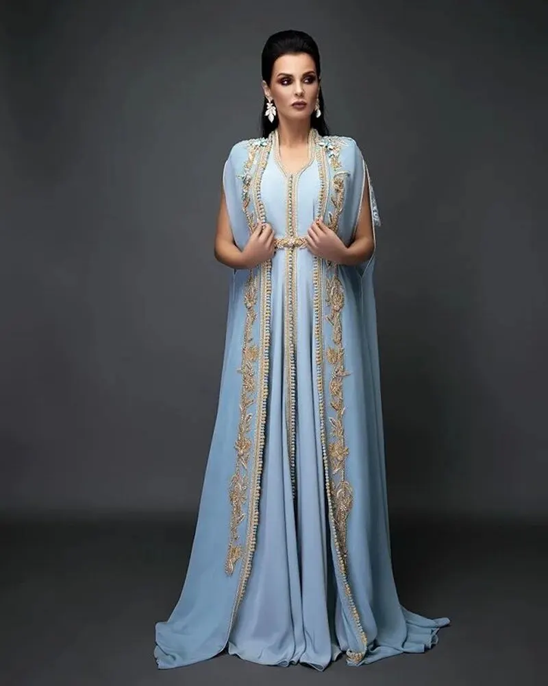 

CloverBridal 2024 Moroccan Caftan With Gold Embroidery Islamic Dubai Saudi Arabic Prom Dress Muslim Women Sky Blue Abaya WE9469