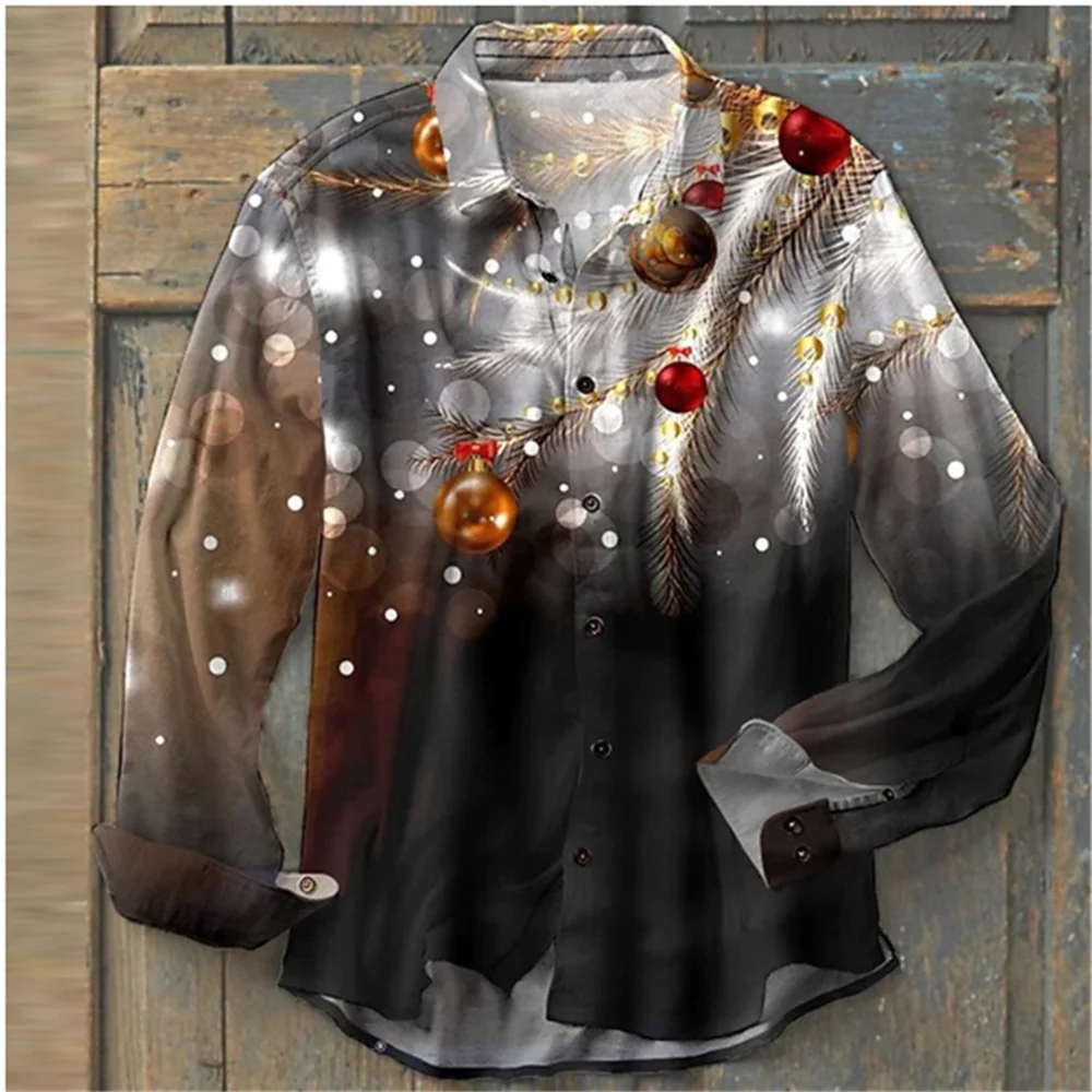 New Source Manufacturer Men\'s Shirt Christmas Style Fashion Long Party Golden Snowflake New Year Christmas Button Shirt XS-6xl