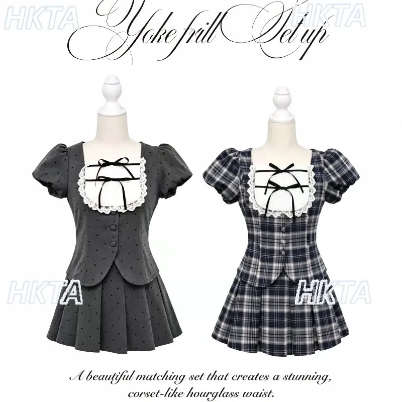 Japanese Sweet Bow Doll Collar Short-sleeved Shirt Top Skirt Set Summer New College Style Plaid Shirt Mini Skirt Outfit Women