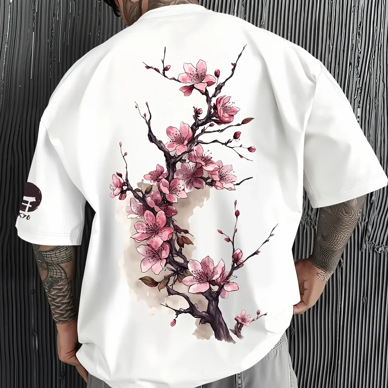 Japanese Ink Cherry Blossom Graphic T Shirt Men Vintage Sakura Art Cotton Short Sleeve Oversized Loose Streetwear Casual Tops
