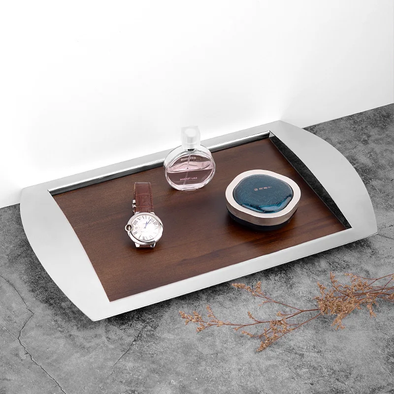 Ins Nordic Home Decoration Stainless Steel Plate Wood Tray For Decor Ring Dish Jewelry Plate Luxury Perfume Tray Dessert Plate