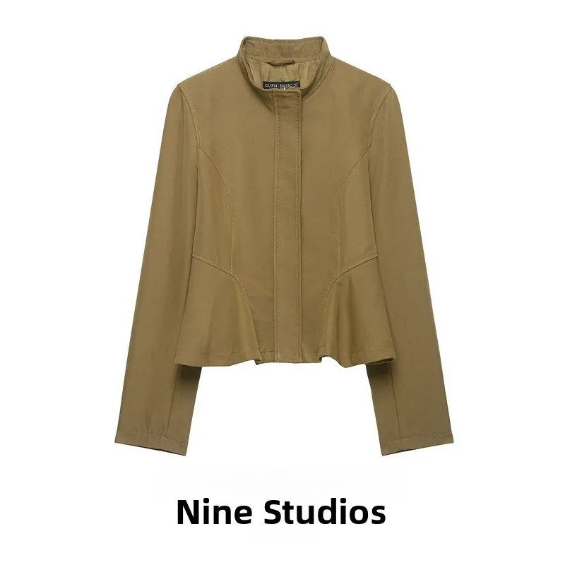 Slim Fit Nine-Point Short Skirt Jacket Top Zipper Decorated Stand Collar Long Sleeve Women's Fashion Outerwear
