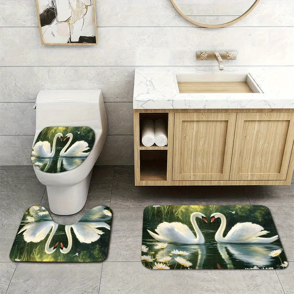 

3pcs Super Soft Bathroom Floor Mats Set, Absorbent, with Non-slip Backing, White Swan Lake Pattern Print for Bathroom, Toilet