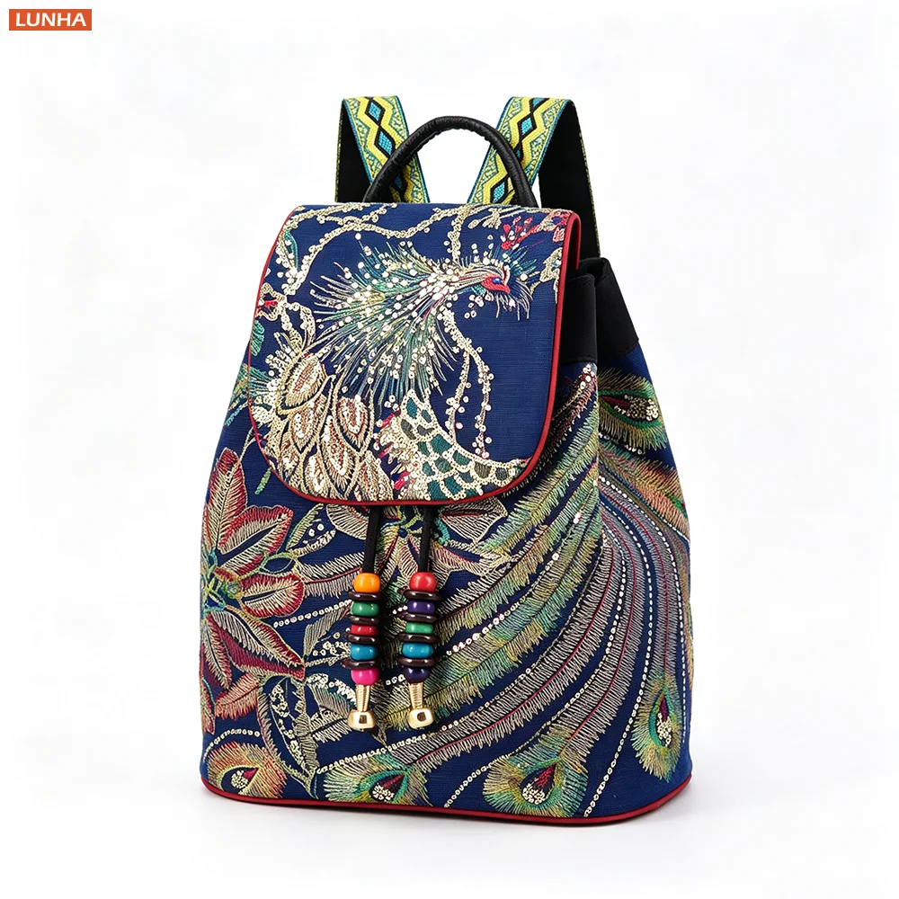 Woman Embroidered Canvas Backpack Vintage Sequin Daypack Lightweight Travel Rucksack Draw-string Bag for School and Vacation
