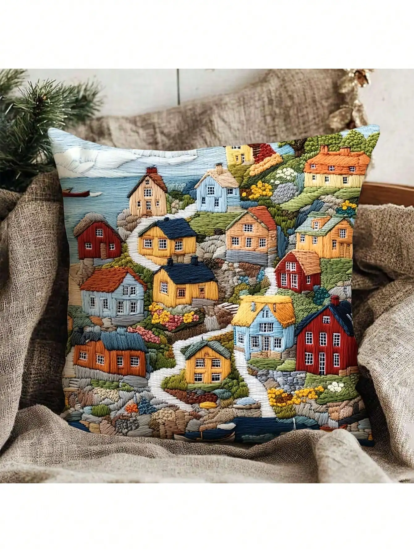 1Pc 45.72 X 45.72 cm Double-Sided Pillow Case with 2D Design of Fishing Village Fjällbacka, Sweden, Suitable for Sofa, Bedroom, Outdoor and Living Room (Pillow Insert Not Included), No Embroidery