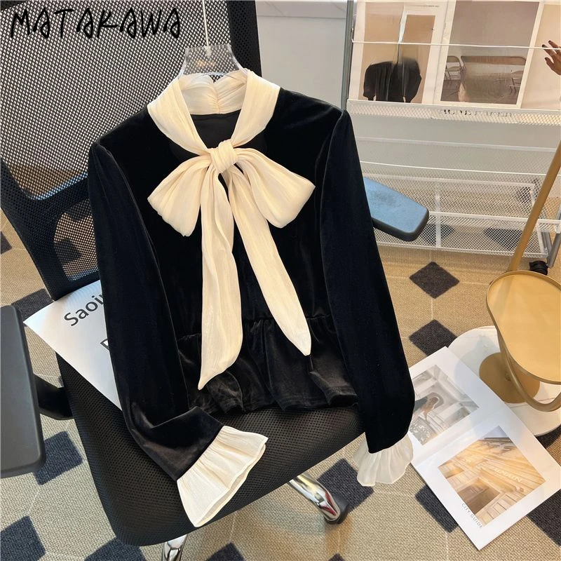 Matakawa Lace Up Bow Women Shirts&blouses Autumn Winter Velvet Elegant Vintage Blusas Feminina Korean Fashion Sweet Camisas