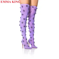 New Purple Flower Crystal Over The Knee Boots Autumn Stretch Fabric Women's Long Boots Pointed Toe Thigh High Heeled Boots Women