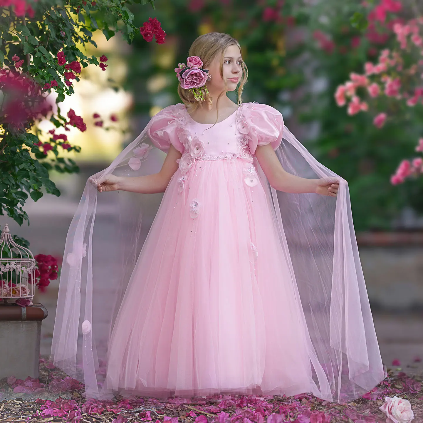 Jill Wish Sky Blue Arabic Flower Girl Dresses Crystal with Cape 3D Flowers Puff Sleeves for Kids Wedding Birthday Party J098