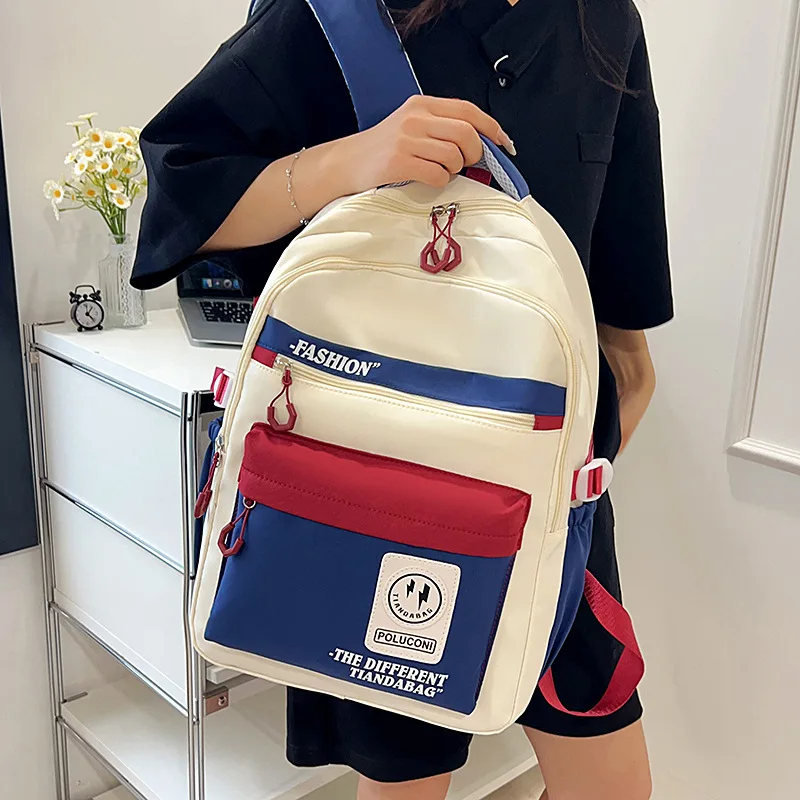 Personalized Nylon Schoolbag Women Large Capacity Backpack Training Shoulder Bag For Teenager Travel Contrast Color Bag Purse