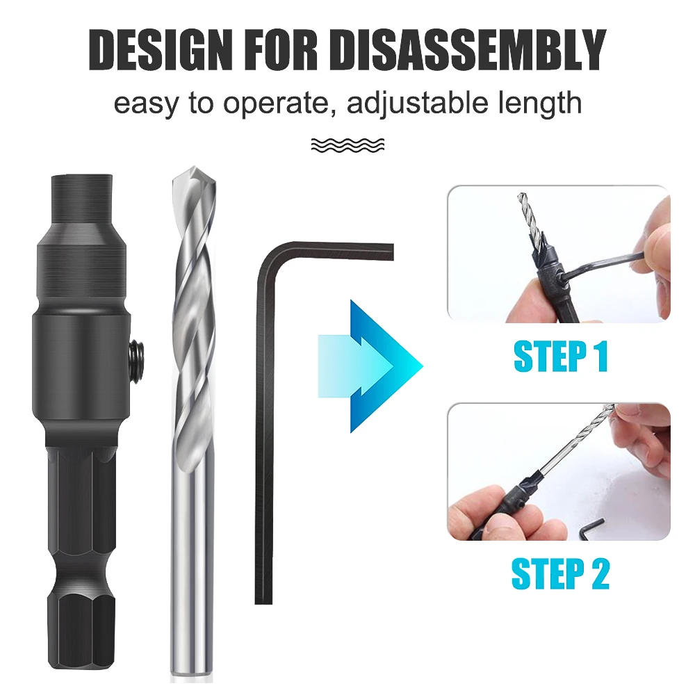 XCAN Juego de brocas avellanadoras de 5 piezas, orificio piloto de perforación de vástago hexagonal de 1/4" con llave en L # 5 # 6 # 8 # 10 # 12 para herramientas de carpintería de bricolaje