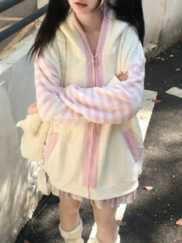 Winter Japanese Kawaii Lamb Wool Warm Coat Women Embroidery Pink Fairy Sweet Outerwaer New Fashion Soft  Hooded Casual Clothing