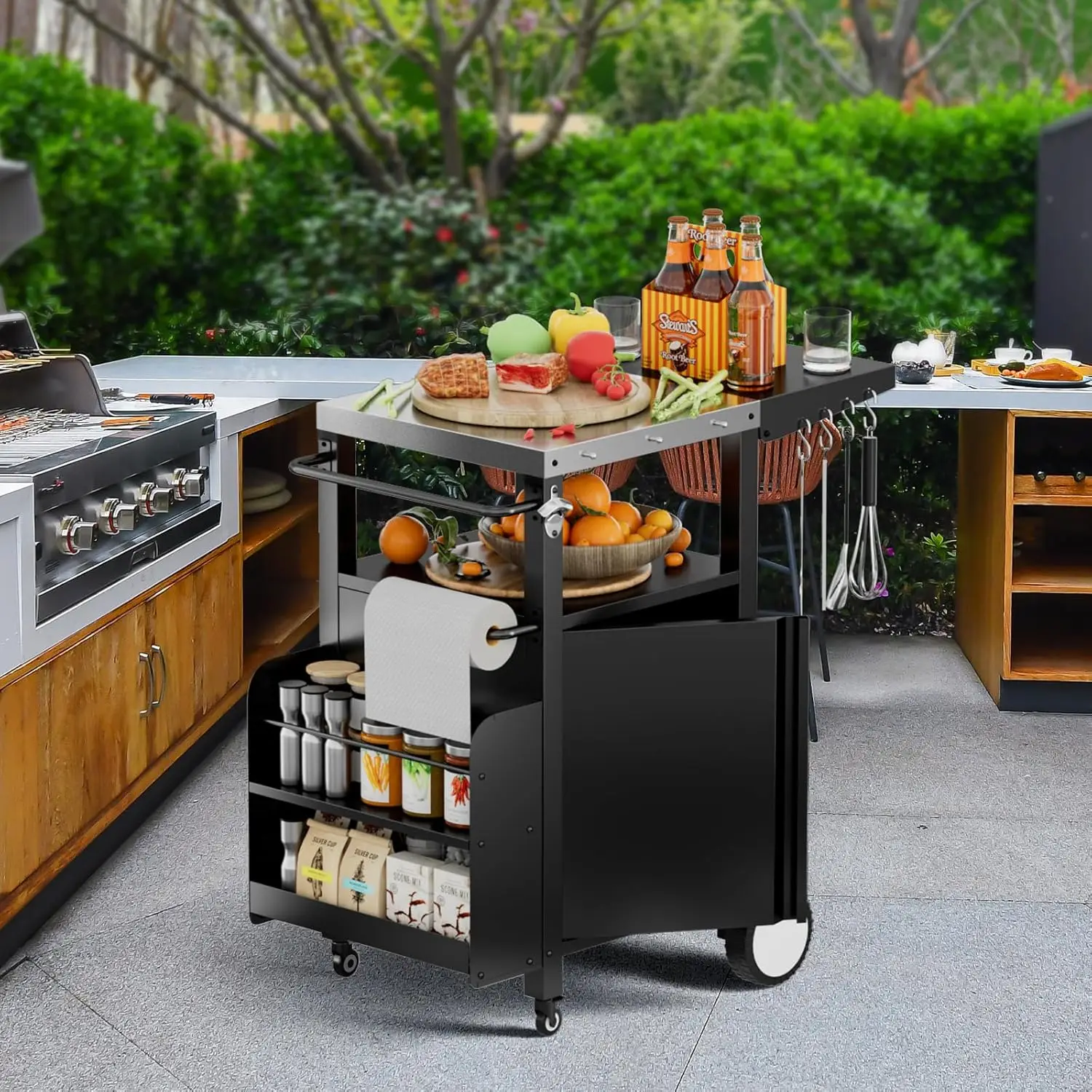 Movable Modular BBQ Cart,Waterproof Patio Kitchen Island with Hooks and Spice Rack,Bar Patio Kitchen Island Prep Stand Cabinet