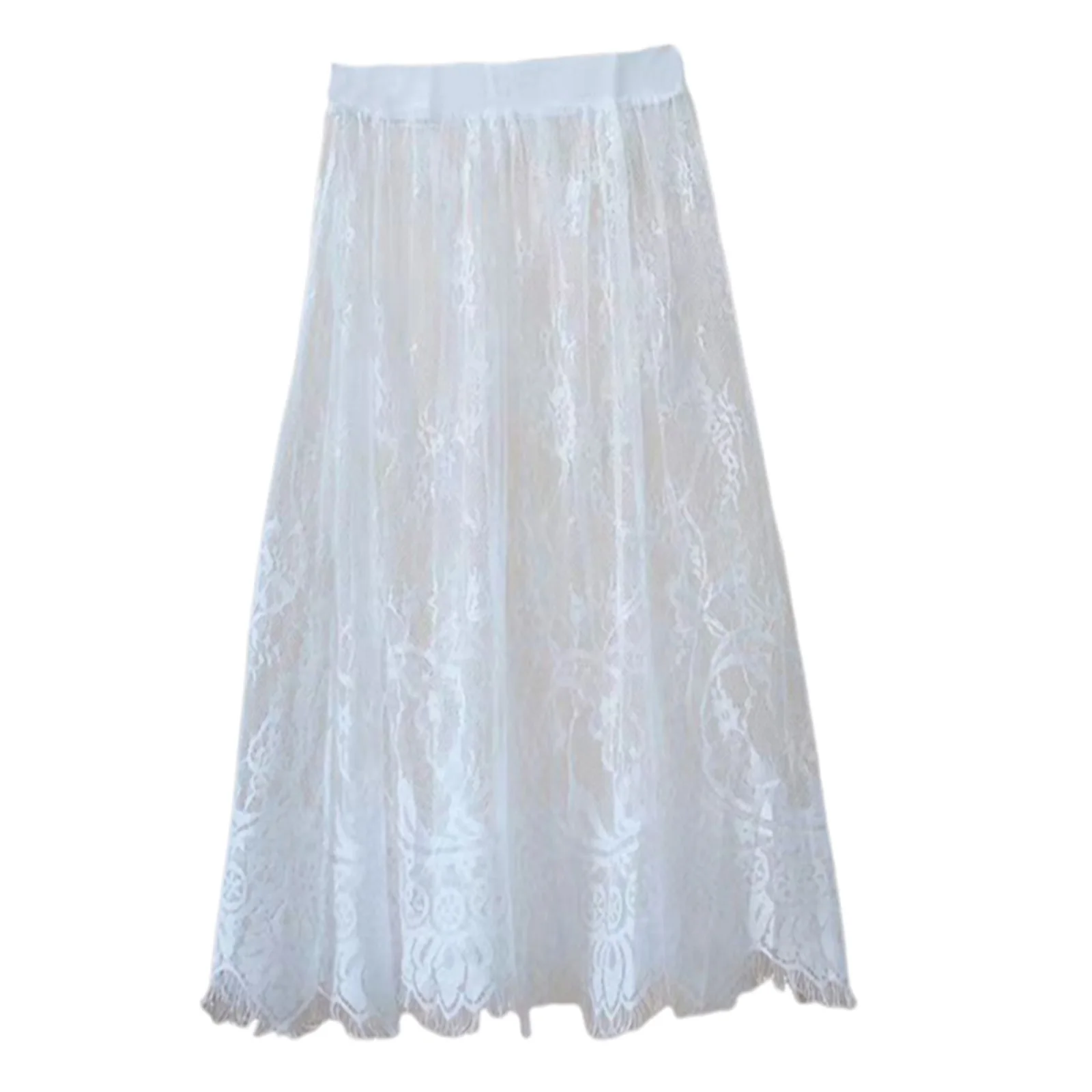 Langer Spitzen-Sliprock für Damen, elastische Taille, durchsichtiges Netz, A-Linien-Rock für unter Kleidern