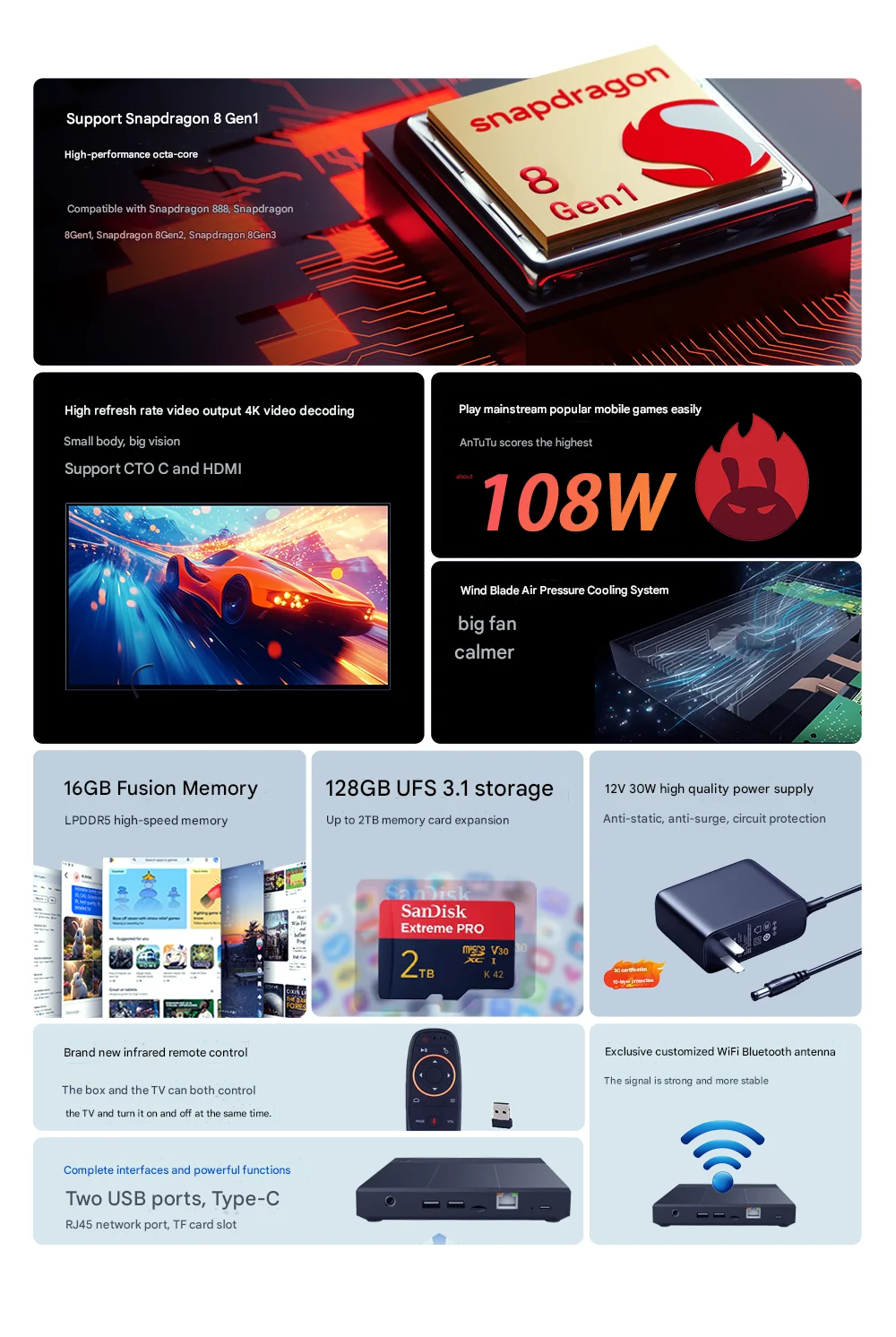 S22 Android TV Box - نظام ألعاب dragon 8 Gen 1 وذاكرة وصول عشوائي 8 جيجابايت وذاكرة قراءة فقط 128 جيجابايت يدعم Genshin Impact & Switch/محاكيات PSP |   وضع الكمبيوتر