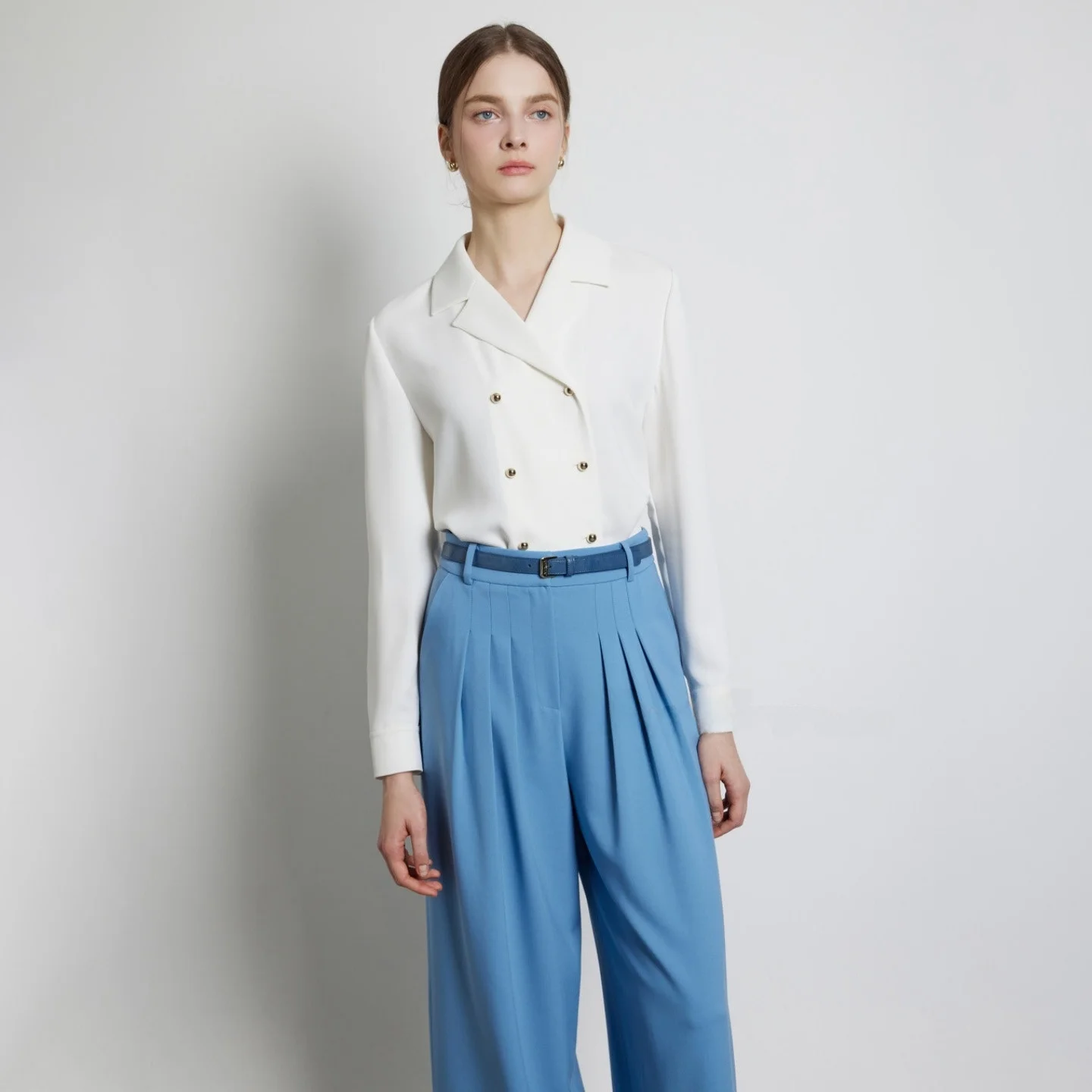 

Double-Buttoned Suit Collar Shirt Easy to Iron Versatile Commute Style Women's Long Sleeve Regular Fit Pure Color Button-Up Top