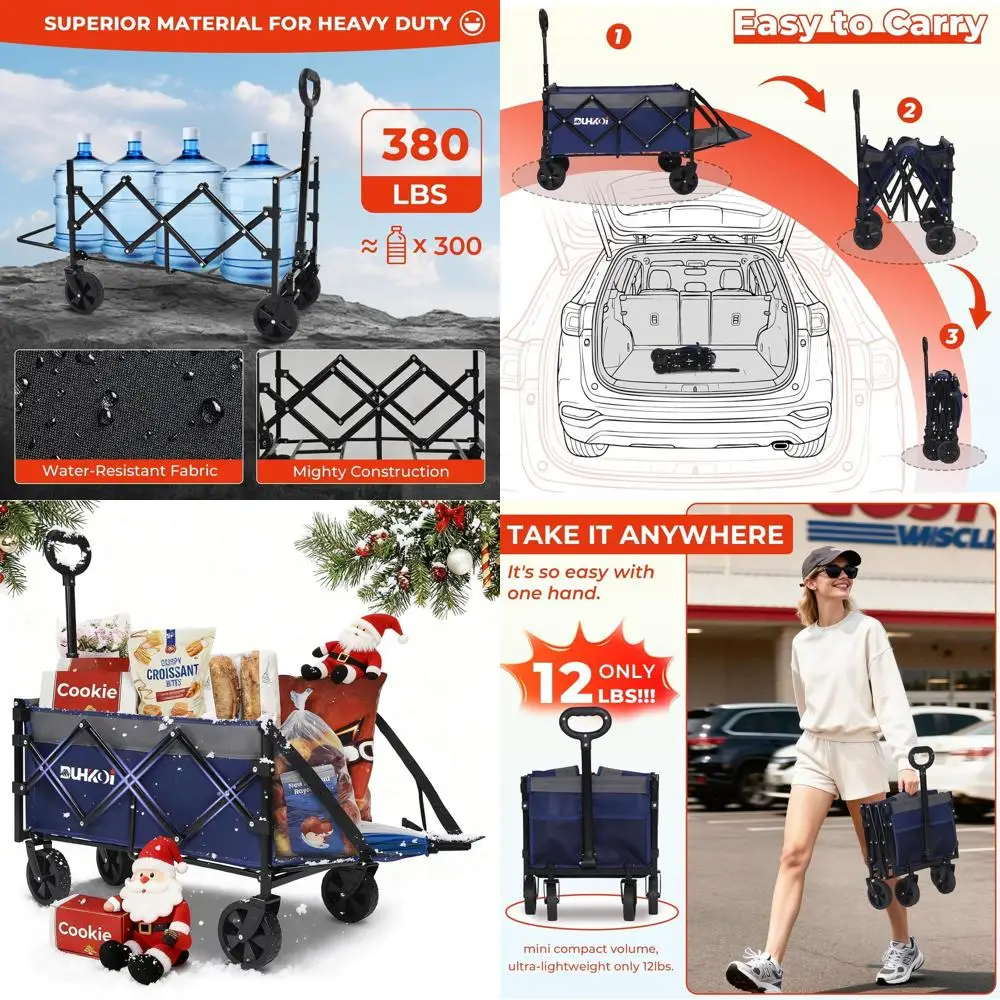 

Складная универсальная тележка с колесами, грузоподъемность 380 фунтов, компактный размер для сада, продуктов, пляжа, кемпинга — сверхмощная тележка, темно-серый