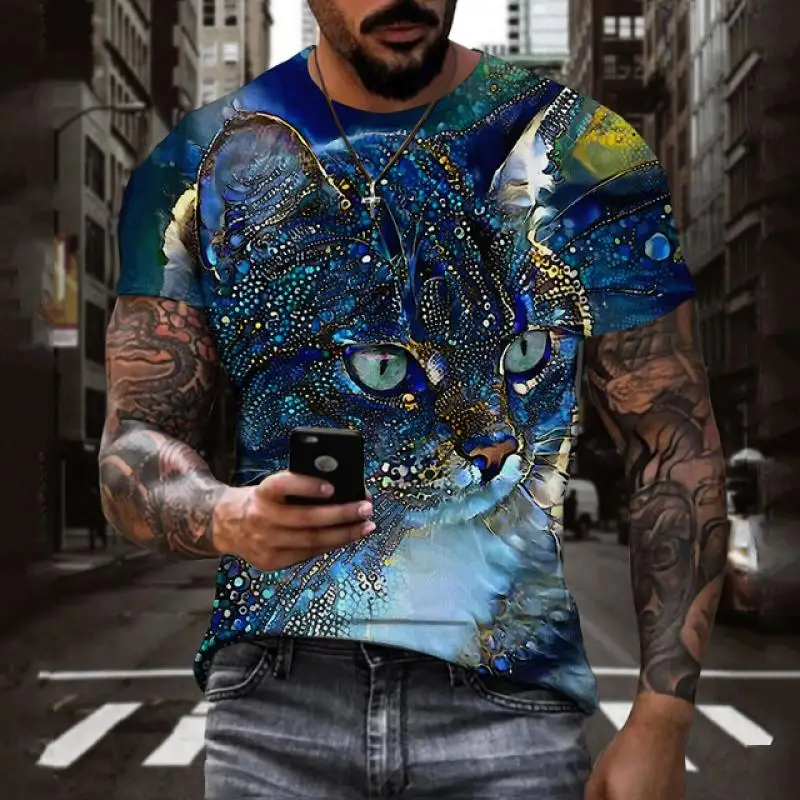 Men Sparkly Blue Cat 3D Print T Shirt Crew Neck Short Sleeve Men Streetwear Casual Tops