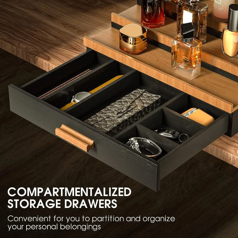 Wooden Cosmetic Organizer with Drawer and Hidden Layer Perfume Display Stand,Step-style Perfume Storage Box