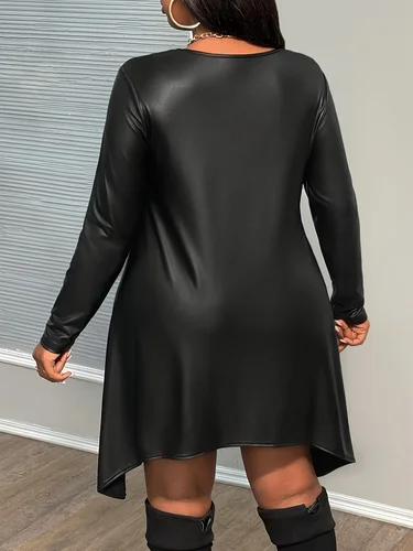 Imagen 2 del producto Vestido casual de mujer de cuero PU con cuello redondo y manga larga con dobladillo asimétrico de talla grande