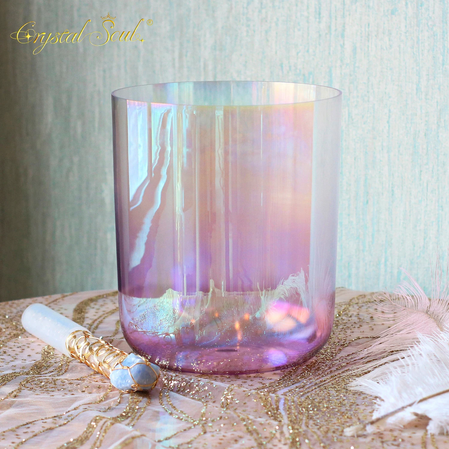 CrystalSoul 432Hz Romantic Girly Pink Aurora Gradient Clear Alchemy Crystal Singing Bowl with Accessories