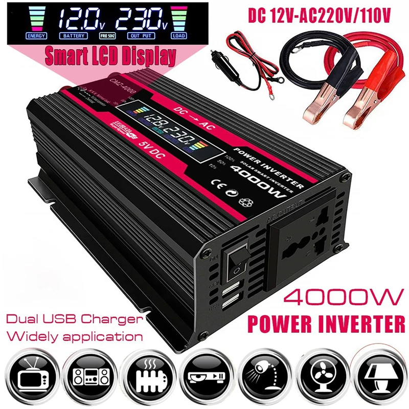 4000W LCD Display Solar Power Inverter 12V to 110V/220V USB Modified Sine Wave Voltage Transformer Car Adapter Charge Converter