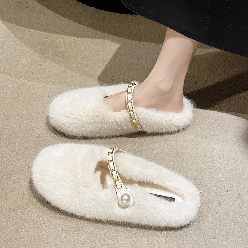 Women's Slippers Winter New Flat Plush Chain Maternity Chain Wrap Top Cotton Slippers Casual Comfortable Warm Home Slippers