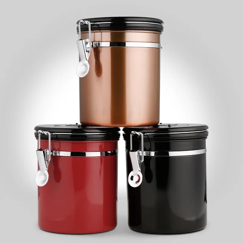 High capacity Stainless steel exhaust air-sealed coffee bean storage tank record time buckle storage tea can food container