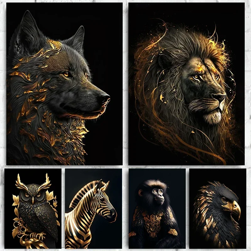 Black And Gold Animals Poster Animal Eagle Lion Carp Wolf Photo Canvas Print Poster Wall Art Decoration Painting Home Decoration