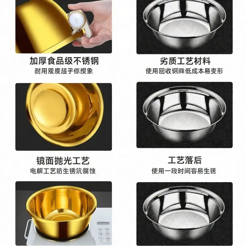 Stainless Steel Gold Bowl Kitchen Basin Pet Food Feeder Dog Feeding Container Thickened Metal Mixing Basin Dining Serving Bowl