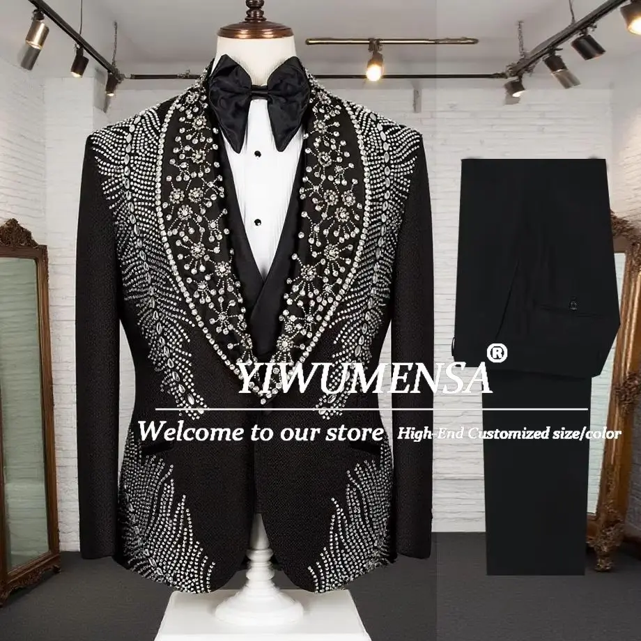 

Luxury Sliver Beads Pearls Wedding Suits Men Outfit Single Breasted Blazers 3 Pieces Formal Party Groom Tuxedos Customized Suit