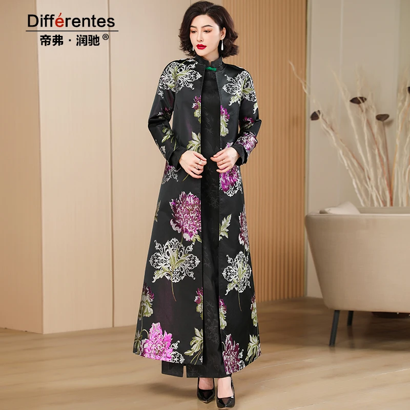 

Luxury Spring Autumn Jacquard Trench Coat for Women Black Long Jackets Floral Windbreaker Dobby Full Length Overcoat Vintage