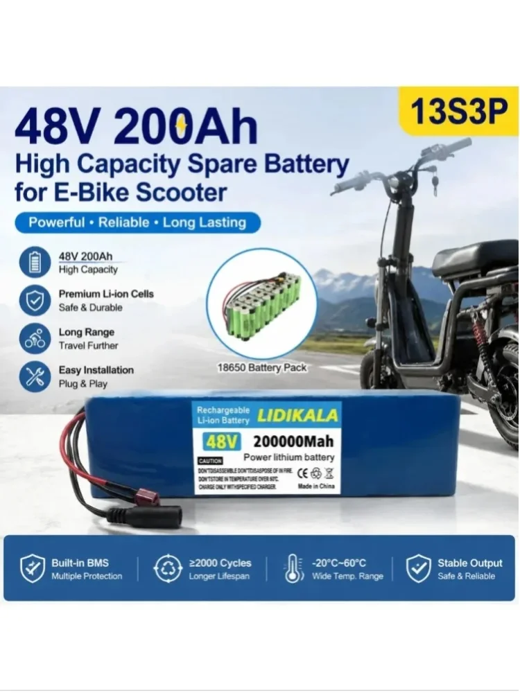 48V 200Ah 13S3P Lithium-Batteriepack 18650 Wiederaufladbare Ersatzbatterie für Elektrofahrräder und -roller mit BMS-Schutz Plug & Play