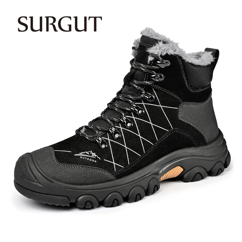 SURGUT Men Ankle Boots Autumn Winter Comfortable Warmth Plush Boots Mans Anti-Skid Heighten Platform Shoes Size 38-46