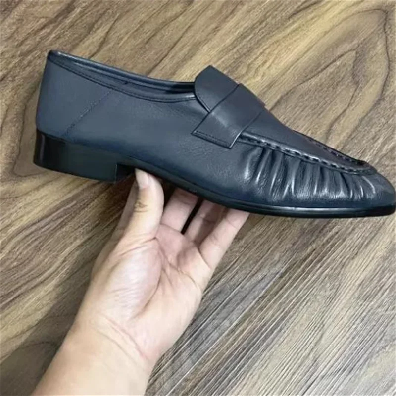 Pleated Shoes for Women Square Toes Female Loafers Sewing Lines Ladies Low Heels Leather Chassure Femme Shallow Zapatos Mujer